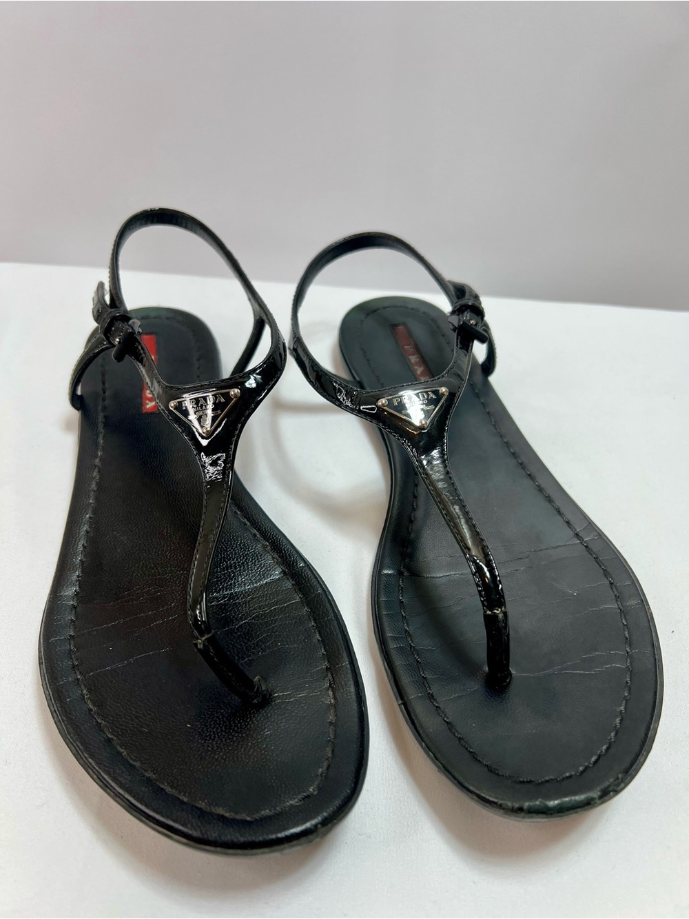 Prada Black Patent T-Strap Slingback Sandals - Picture 2 of 8